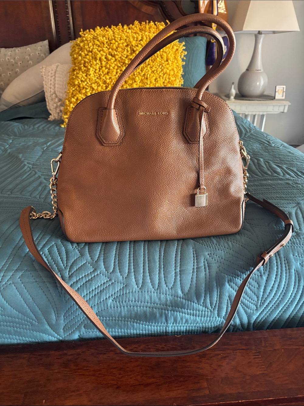 Michael Kors Cognac Pebbled Leather Satchel with Gold Hardware